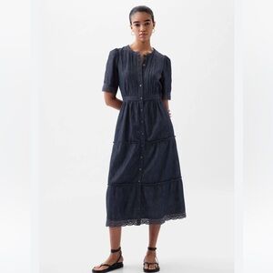 Gap Midi Wilton denim dress lace trim cottagecore women’s small New